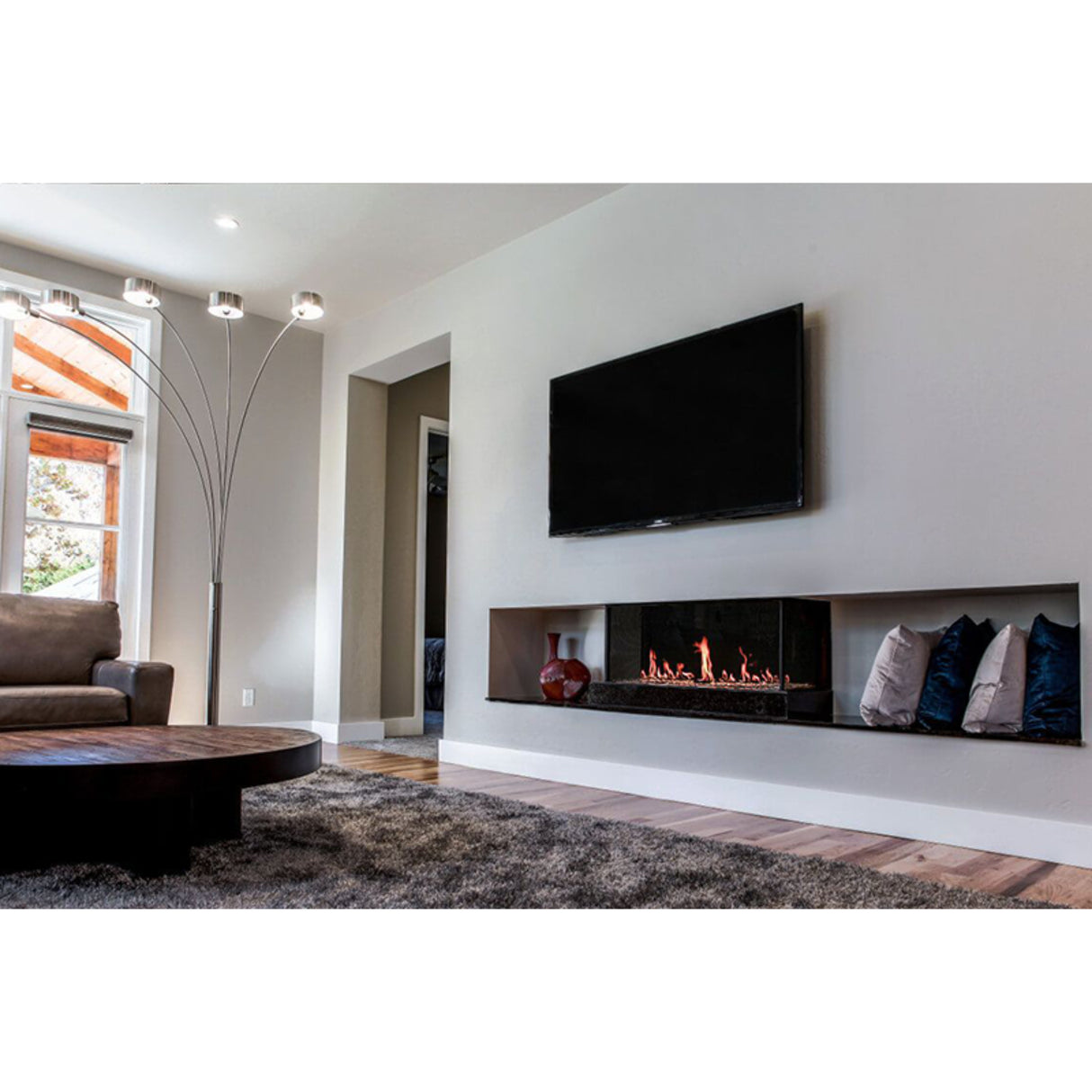 Flare Fireplaces Large Double Corner Modern Linear Fireplace with  24" High Glass