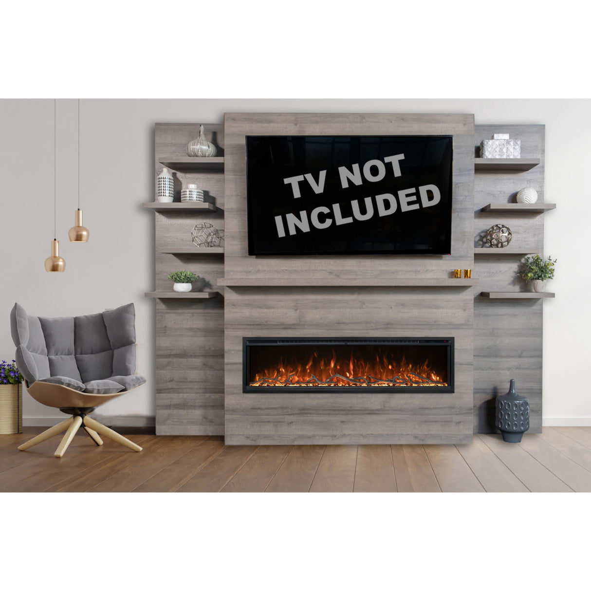 Modern Flames Allwood Wall System in Driftwood Gray | 60'' Spectrum Slimline Electric Fireplace