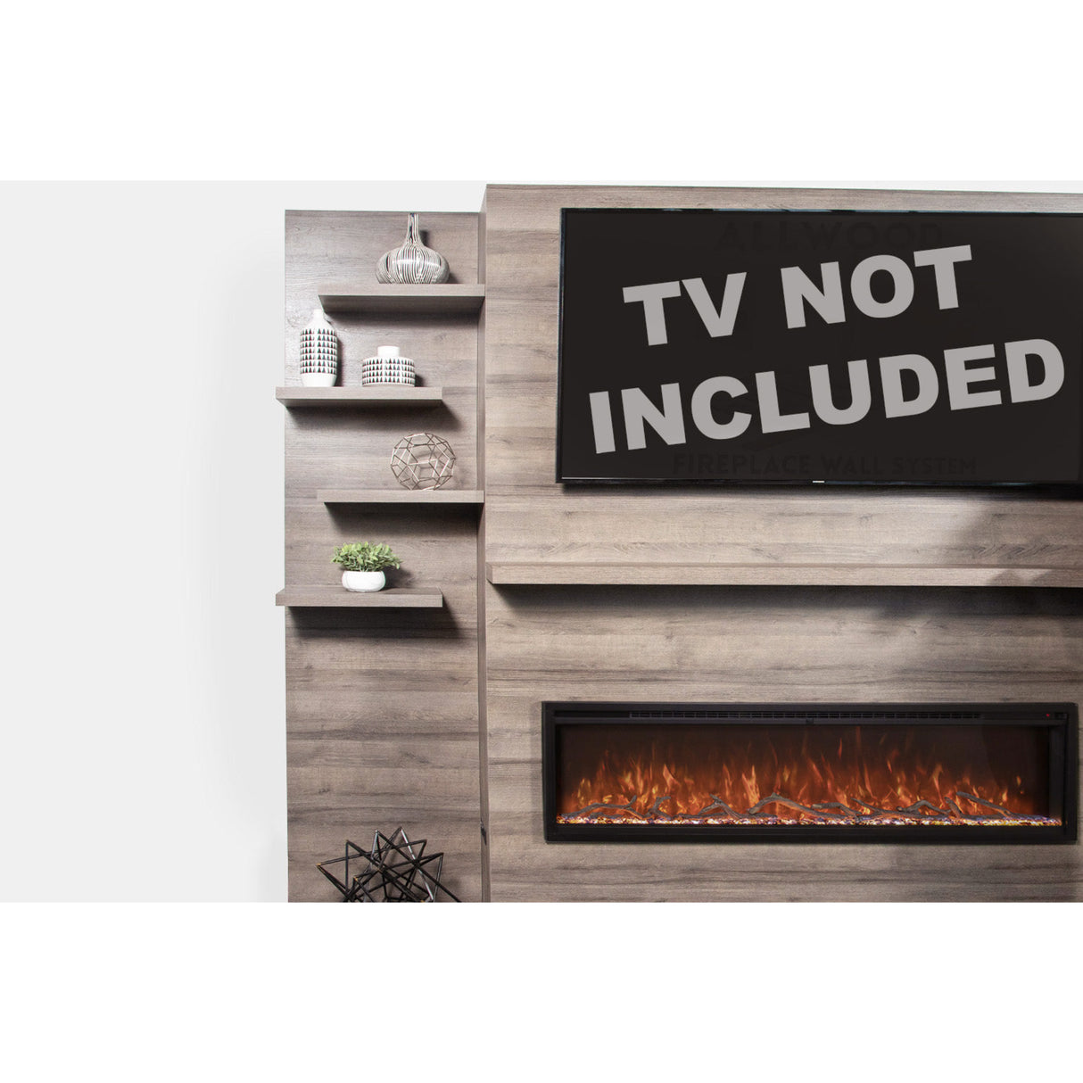 Modern Flames Allwood Wall System in Coastal Sand | 60'' Spectrum Slimline Electric Fireplace