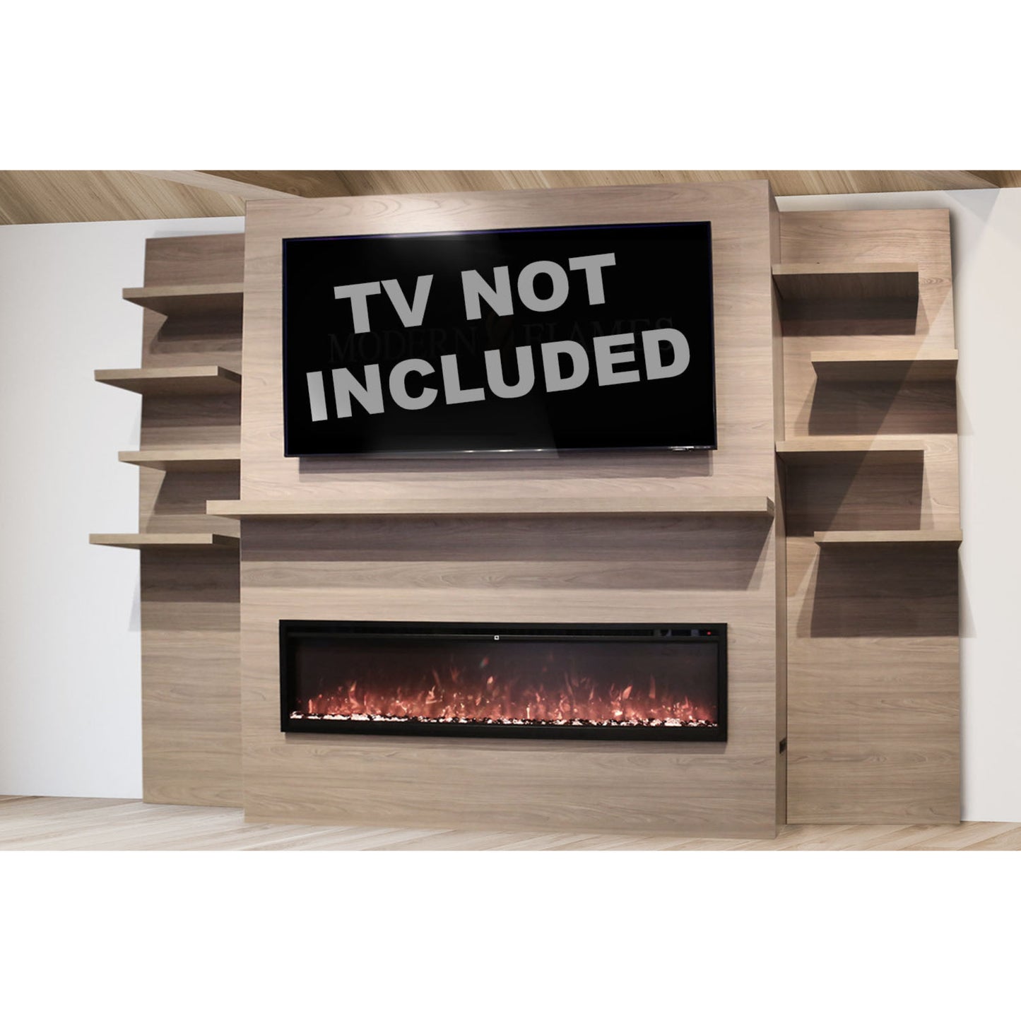 Modern Flames Allwood Wall System in Coastal Sand | 60'' Spectrum Slimline Electric Fireplace