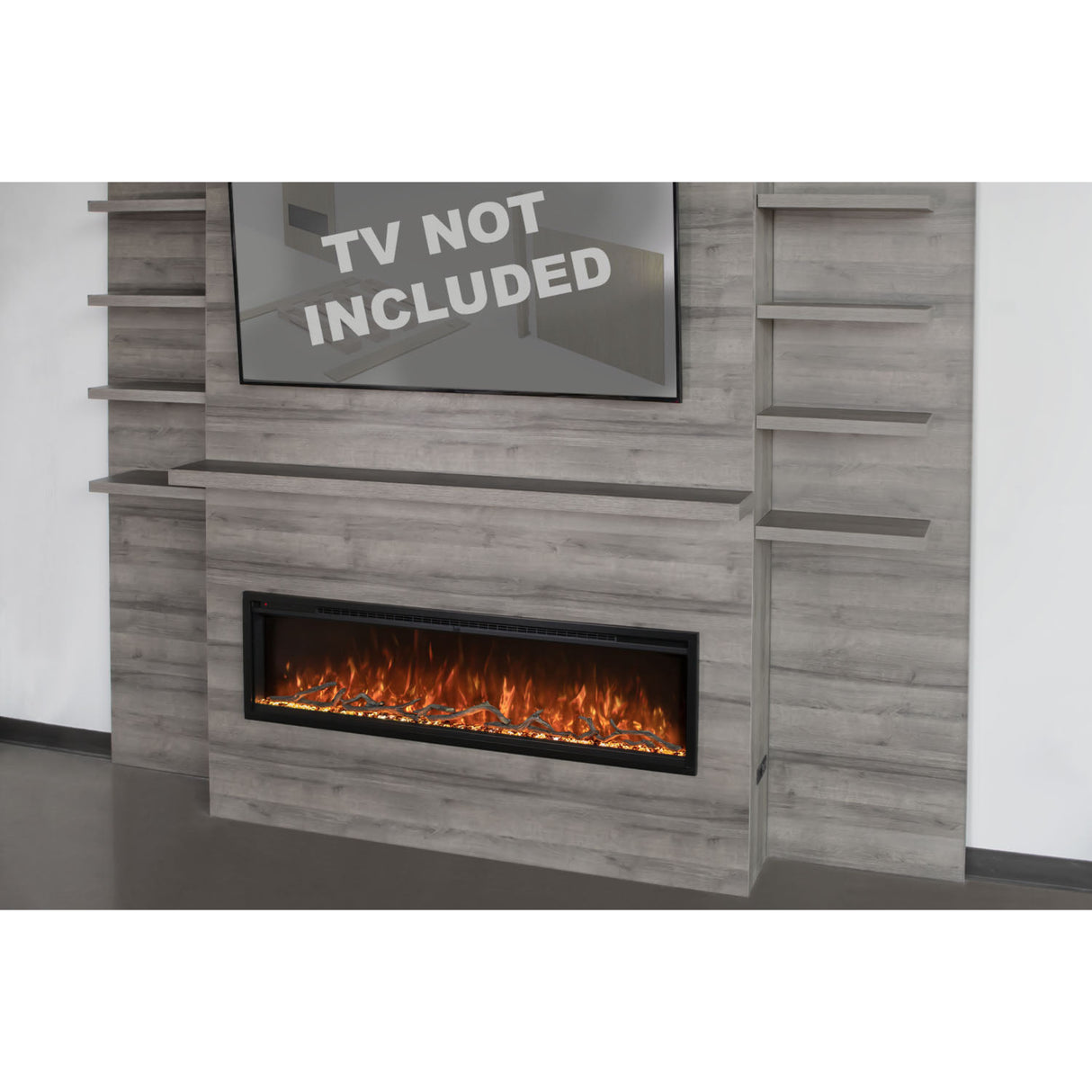 Modern Flames Allwood Wall System in Driftwood Gray | 60'' Spectrum Slimline Electric Fireplace